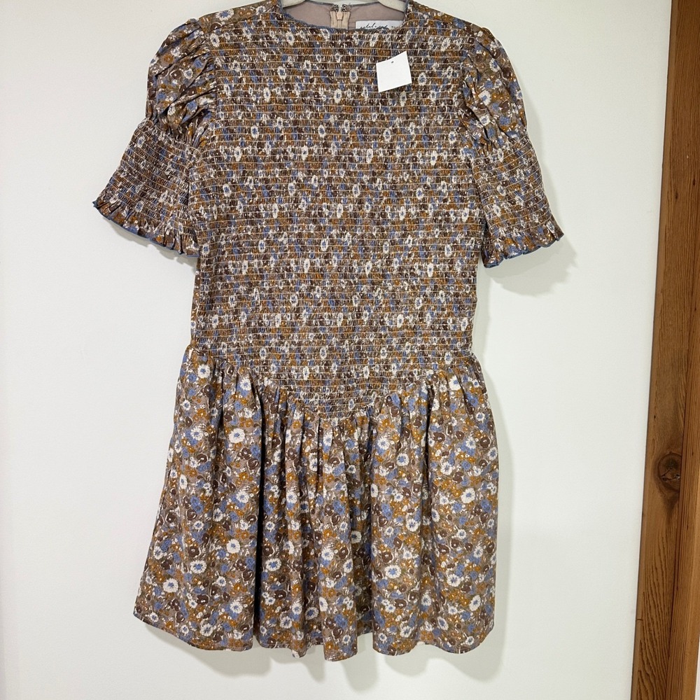 Petal + Pup Celine Smocked Mini Dress Womens XL Blue Brown Floral Cotton NWT